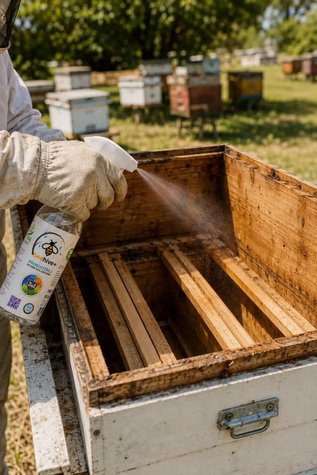 Arıcı boş ahşap kovanın iç yüzeylerine BeeHive+ solüsyonu püskürtüyor, arka planda arılık